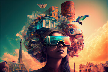 vr headset, double exposure, metaverse, futuristic virtual world, state of consciousness, technology	 - obrazy, fototapety, plakaty