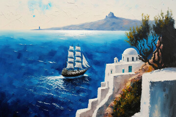 painting in oil. Seascape of Santorini. Wall decor. Generative AI - obrazy, fototapety, plakaty