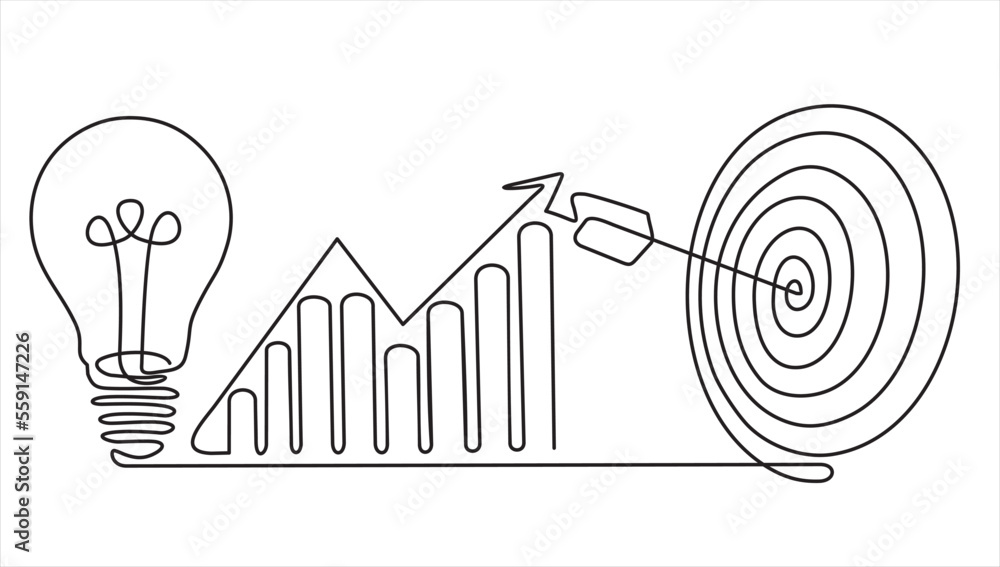 Poster continuous one line drawing of light bulb with a dart board and increasing up arrows bar graph. star