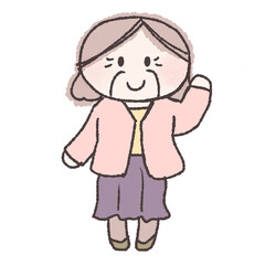  片手を上げるおばあさん