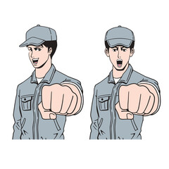 拳を突き出す日本人作業員