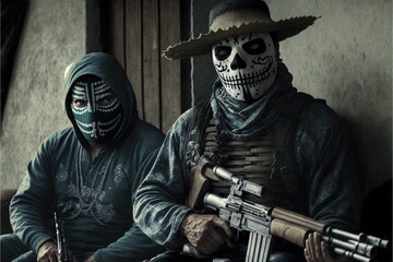Mexican narcos dealing drug many dollars illustration generative ai - obrazy, fototapety, plakaty