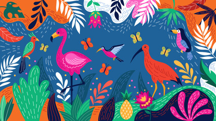 Fototapeta na wymiar Brazil tropic background, bird pattern. Flamingo and hummingbird, travel carnival, funny nature art, Rio banner. Hand drawn leaves and flowers. Cartoon illustration. Vector abstract tidy poster