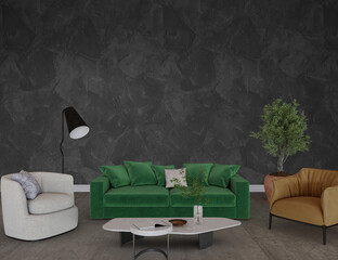 Modern living room with green sofa and empty black wall, 3d render