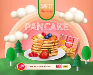 3D sweet pancakes. Bakery food. Miniature stack of cooking products with honey and berries. Cute forest brunch. Morning meal. Dessert ad banner design. Vector realistic exact concept