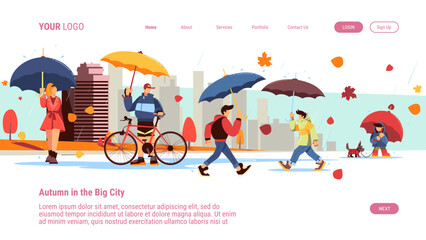Autumn in city landing. Urban weather app page. People with umbrellas walking or cycling in rain. Child with pet. Autumnal season rainfall. Vector illustration website design template