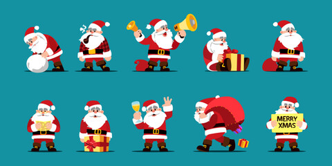 Merry Christmas, cute Santa Claus characters. Fun and joy winter holidays mascot in different poses, greeting xmas. Man holds gifts and gold bell, makes snowman. Vector cartoon flat set