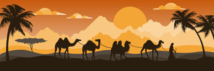 Camel silhouettes in desert. Bedouin caravan, pyramids and sun. Arab travel in Sahara safari, Arabian group in egypt. Horizontal banner dune landscape. Vector cartoon current illustration