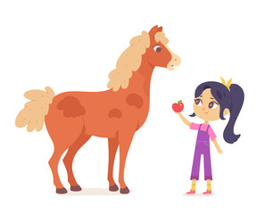 Child feeding horse, happy girl holding apple to feed and care farm animal, giving fruit