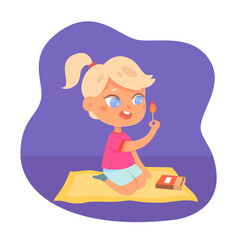 Kid playing with fire, baby girl sitting on floor and holding burning match stick