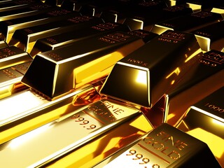 Pure gold bullion bars in bank vault storage. 1kg 999,9 Fine Gold bar ingots background. Precious metal investment, finance banking business, golden financial reserve, 3D Rendering with Blender