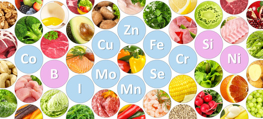 Trace Elements in Food like Fruits, Vegetables, Meat, Fish and others isolated on white background...
