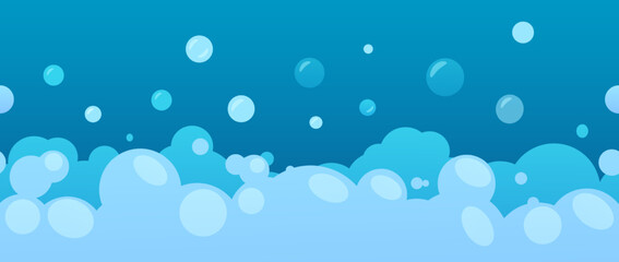 Bubble foam, shower soap pattern. Soda wash or bath shampoo, sea water, clean bathroom. Blue air fizzy balls. Laundry or detergent packaging. Wrapping paper. Vector seamless recent background