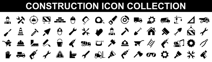 Fototapeta premium Set construction icons. Building, engineer, business, road, builder, building, repair tools. Web icons collection. Vector illustration.