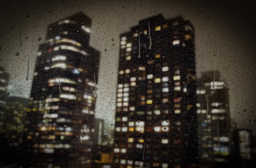 Raindrops on window glass. Selective focus, 3D illustration