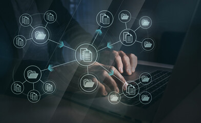 Businessman archiving document directory on cloud. Business setup document management system