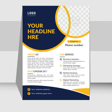 Modern flyer design for advertising promotion and growth company. abstract flat flyer design . Navy blue black and yellow color flyer. creative unique nice clean design. Half page A4 flyer free