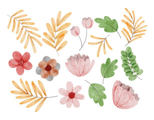 Set of beautiful bouquet of watercolor flowers and leaves Watercolor floral elements