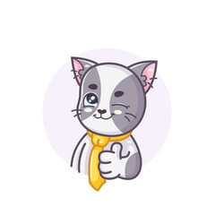 Gray cat cartoon character in yellow tie, winks, sticker