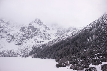 Snowy mountains near Morske Oko in Zakopane, winter background