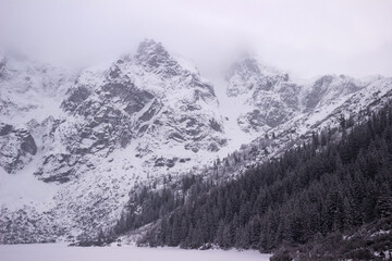 Fototapeta na wymiar Snowy mountains near Morske Oko in Zakopane, winter background