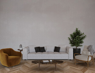 Living room interior with furniture, 3d render