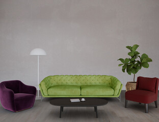 Modern living room with green sofa and armchairs