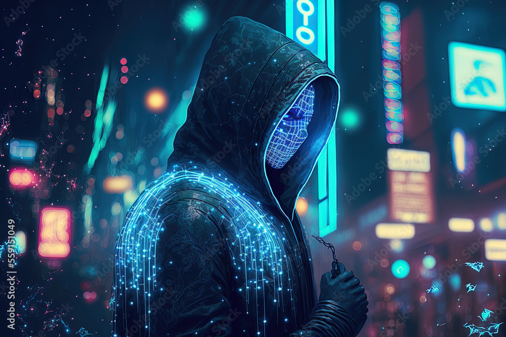 Poster hacker in cyberpunk garb skulk under some blue christmas lights. artwork created by a neural network