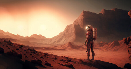 Astronaut on red planet mars. Colonization of Mars, generative ai