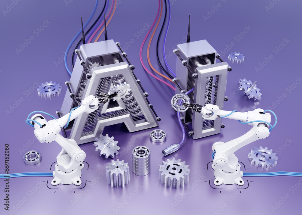 Aufkleber artificial intelligence by means of robotics. two robotic arms building the capital letters a.i. fro