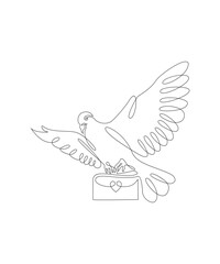 One line drawing of dove flying, carrying heart message.
Bird symbol of peace and freedom in simple terms. Doodle vector illustration.