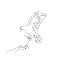 One line drawing of a dove flying,to land on hand.
Bird symbol of peace and freedom in simple terms. Doodle vector illustration.