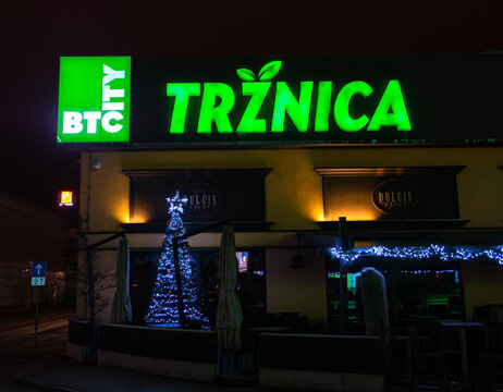 Ljubljana, Slovenia - December 26, 2022: The market in BTC City shopping center sells vegetables, food, homemade products, meat.