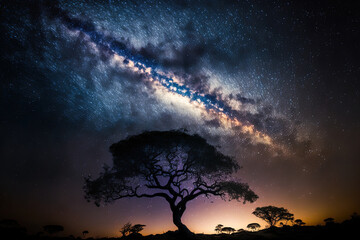 Naklejka na ściany i meble Milky Way galaxy with a silhouetted tree in the national park of Phu Hin rong kla. Generative AI