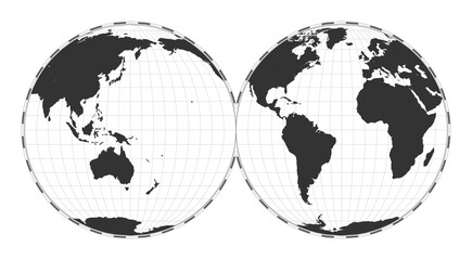 Vector world map. Mollweide projection interrupted into two (equal-area) hemispheres. Plain world geographical map with latitude and longitude lines. Centered to 120deg E longitude.