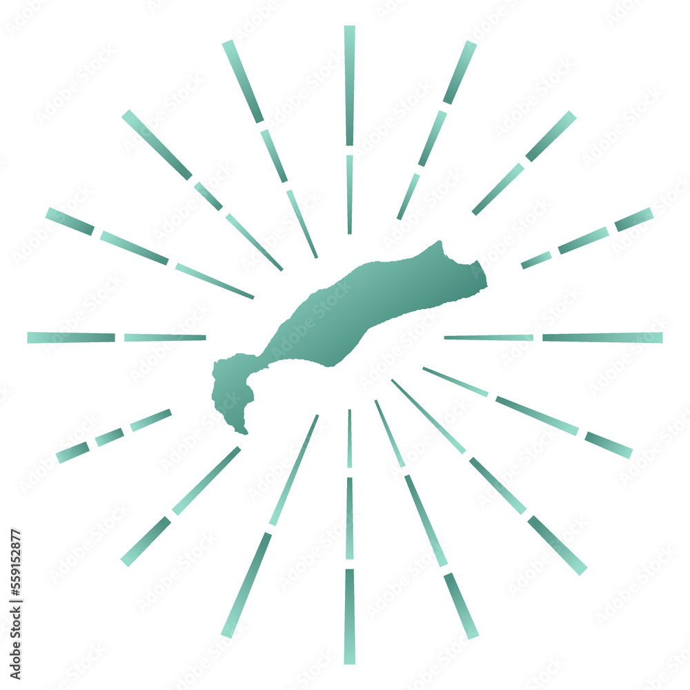 Poster kos island map with a gradiented sunburst and colorful star rays. digital and technology-inspired ve