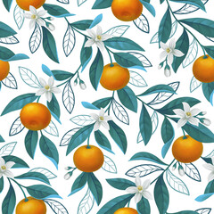 Hand painted illustration of orange tree branch. Seamless pattern design. Perfect for fabrics, wallpapers, clothes, home textile, posters, packaging design, stationery and other goods - 559152821