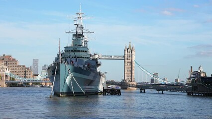 Tower Bridge and HMS Belfast museum on a summer day in London, England - Powered by Adobe