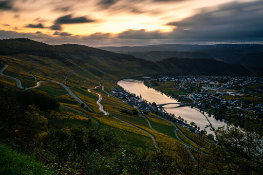 Piesport on the river Moselle. Beautiful view over the Moselle valley in autumn with the yellow vineyards. Germany