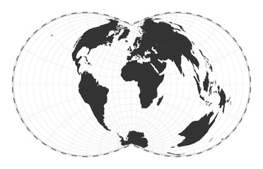 Vector world map. Rectangular (War Office) polyconic projection. Plain world geographical map with latitude and longitude lines. Centered to 0deg longitude. Vector illustration.