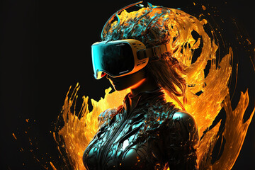 Woman wearing virtual reality goggles. Future digital technology. Metaverse and gaming concept. Generative ai