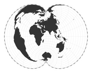 Vector world map. American polyconic projection. Plain world geographical map with latitude and longitude lines. Centered to 60deg W longitude. Vector illustration.