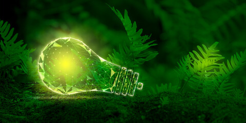 A symbolic glowing light bulb in the forest. Ecology. Green energy, renewable, sustainable energy...