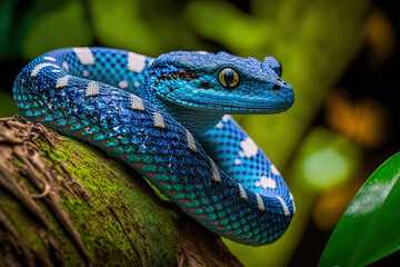 Blue insularis animal closeup on branch with blue viper snake preparing to strike. Generative AI