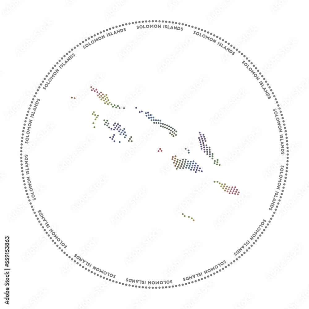Poster solomon islands round logo. digital style shape of solomon islands in dotted circle with country nam