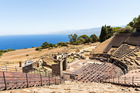 Old Ruins of The Greek Theater in The Archaeological Park of Tindari, in Messina Province, Italy. 