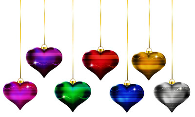 Chrome heart ornaments baubles. Valentine or christmas hearts on strings. Transparent background. (NOT photo)