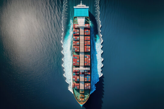An aerial view of the tanker vessel with fully of container boxed on the dock during moving in the blue ocean, transportation industrial. Generative Ai image.