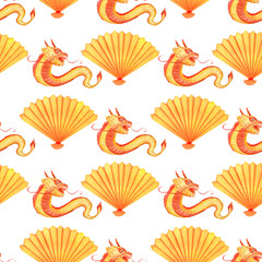 A seamless pattern of dragons and fans in orange and white. Chinese New Year seamless pattern. Lunar New Year symbol. For wallpaper, fabric, wrapping paper, cover. 