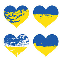 The inscription "Stand with Ukraine" with the flag of Ukraine in the shape of a heart. Save Ukraine. Stop the war, pray for Ukraine. Blue and yellow heart in grunge style isolated on white